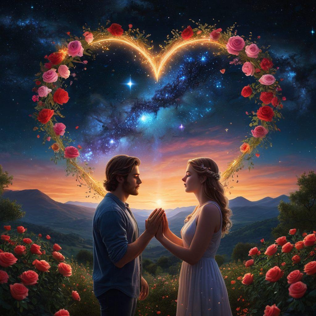 A mystical night sky filled with glowing constellations and zodiac signs forming a heart shape, a couple gazing upward with wonder in a serene landscape, the elements of astrology like stars and planets softly illuminating their faces, surrounded by symbols of love like roses and intertwined hands, capturing the essence of deep connections influenced by the stars. super-realistic. vibrant colors. dreamy atmosphere.