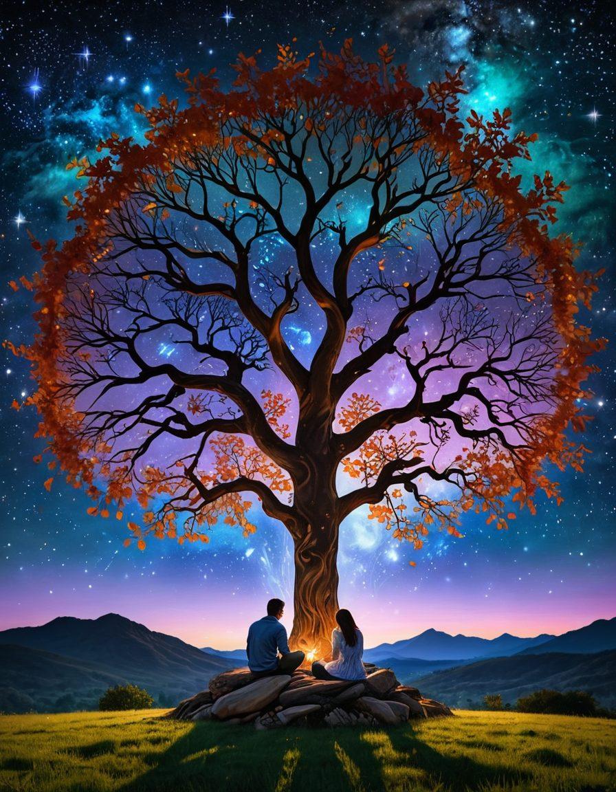 A mystical starry night sky filled with zodiac constellations entwined with hearts, symbolizing love and connection. Below, a couple sits under a tree, gazing at the stars, with astrological charts and love symbols surrounding them. Soft, glowing lights illuminate their faces, reflecting joy and harmony. The scene evokes a sense of magic and destiny in relationships. dreamy and whimsical. vibrant colors. 3D.