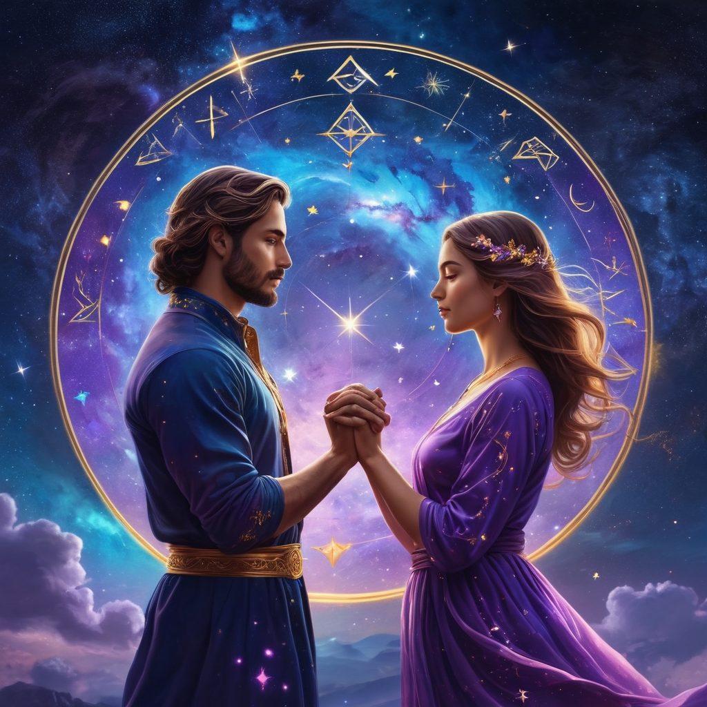A mesmerizing cosmic scene featuring the twelve zodiac symbols interconnected by sparkling constellations in a night sky filled with vibrant stars and nebulae. Depict couples holding hands representing different zodiac signs, their energy merging into a colorful aura, symbolizing compatibility and love. Include an ethereal glow surrounding the zodiac symbols, creating a sense of unity and connection. The background should be a deep, rich blue with hints of purple and gold. digital art. vibrant colors. cosmic theme.